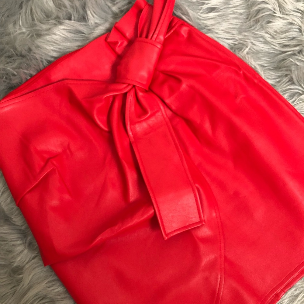 Express Faux Leather Red Mini Skirt w/ Bow Accent